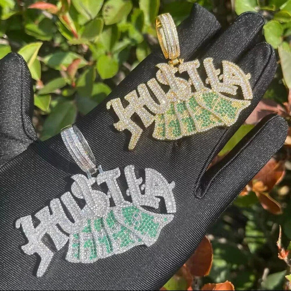 Iced Out Hustla Money Bag Pendant with 20 Inch Tennis Chain